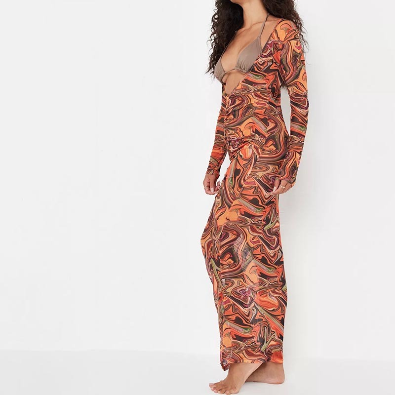 rust marble print mesh v front ruched beach cover up maxi