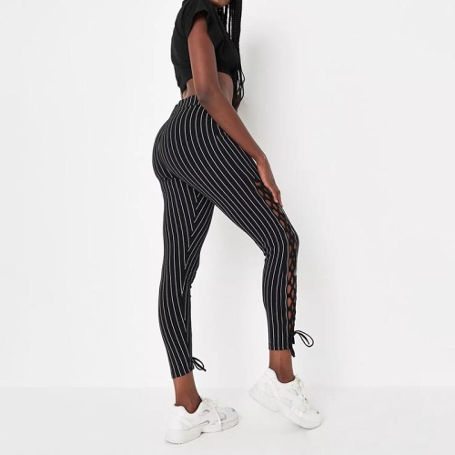 black pinstripe lace up leggings