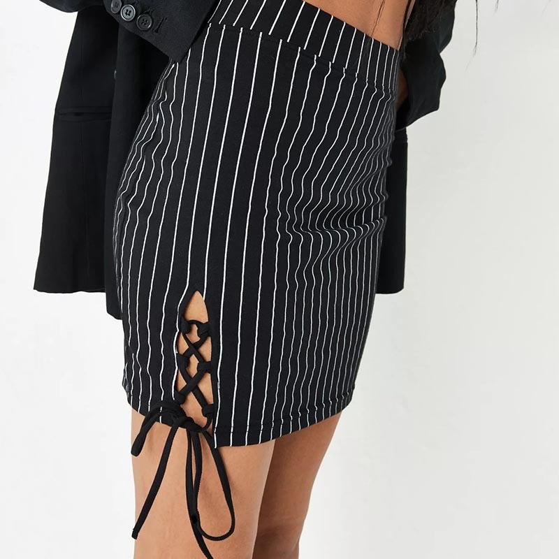 black pinstripe lace up hem mini skirt