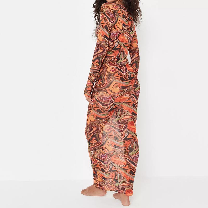 rust marble print mesh v front ruched beach cover up maxi