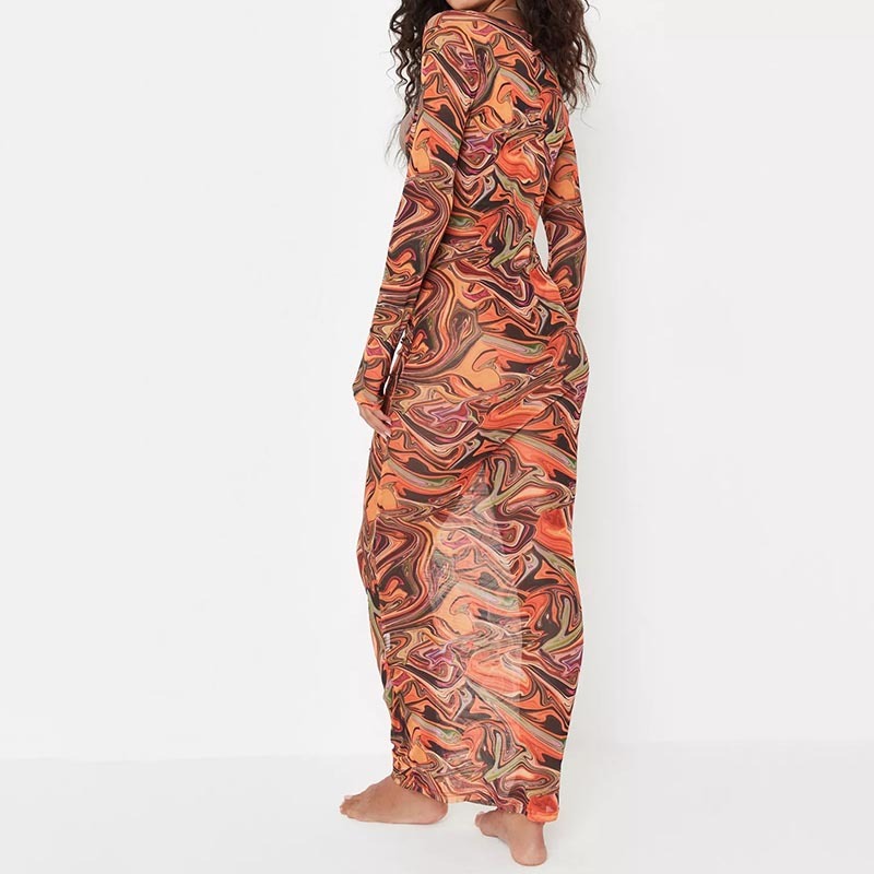 rust marble print mesh v front ruched beach cover up maxi
