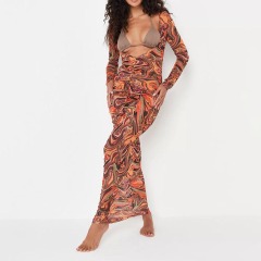 rust marble print mesh v front ruched beach cover up maxi