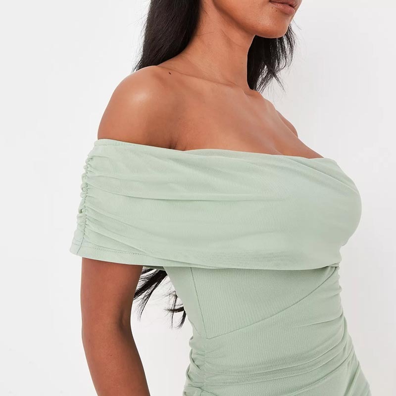 mint ruched mesh seam detail mini dress