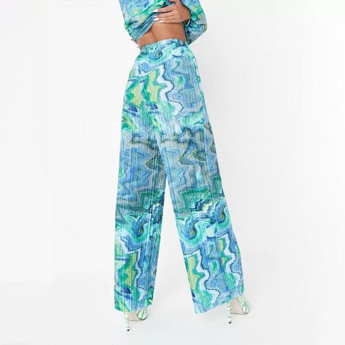 petite blue co ord abstract print plisse wide leg trousers