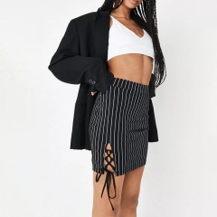 black pinstripe lace up hem mini skirt