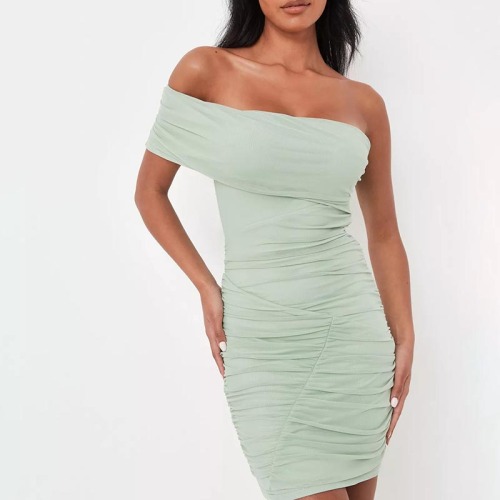 mint ruched mesh seam detail mini dress