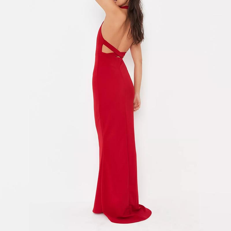 red high neck cross back fishtail maxi dress