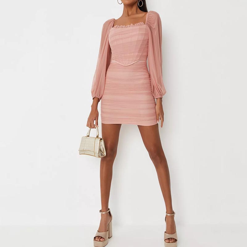 Petite Taupe Mesh Puff Sleeve Bustier Mini Dress
