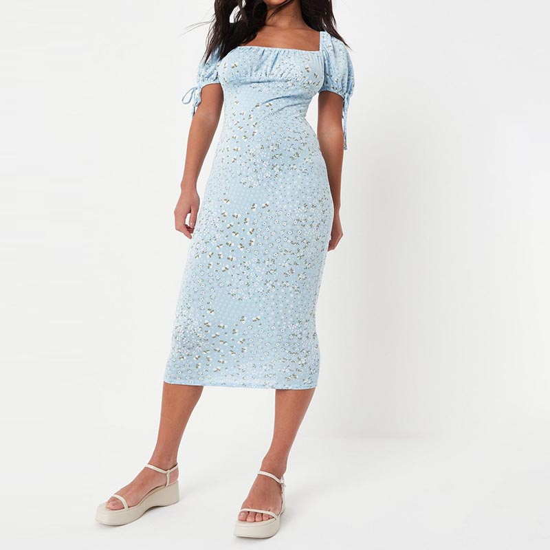 blue floral print ruched bust milkmaid midaxi dress
