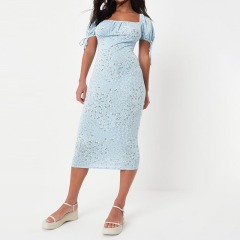blue floral print ruched bust milkmaid midaxi dress