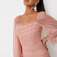 Petite Taupe Mesh Puff Sleeve Bustier Mini Dress