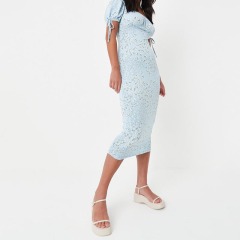 blue floral print ruched bust milkmaid midaxi dress