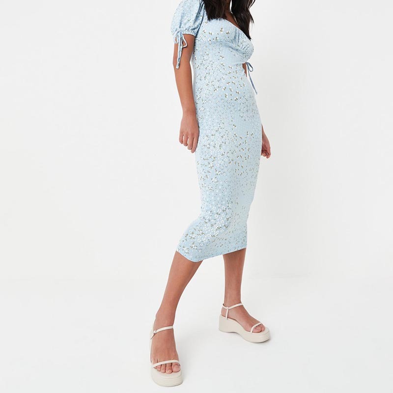 blue floral print ruched bust milkmaid midaxi dress