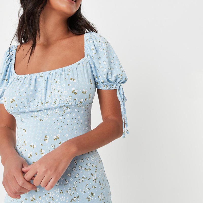 blue floral print ruched bust milkmaid midaxi dress