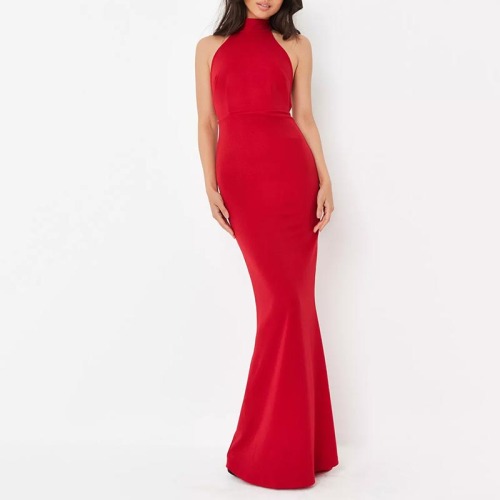 red high neck cross back fishtail maxi dress