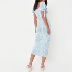 blue floral print ruched bust milkmaid midaxi dress