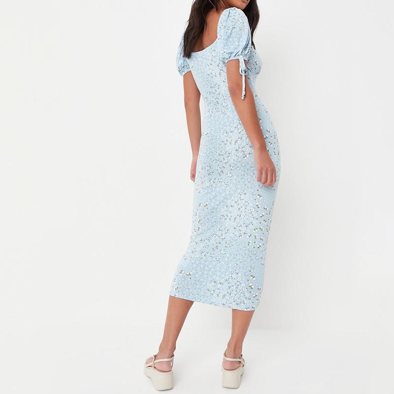 blue floral print ruched bust milkmaid midaxi dress