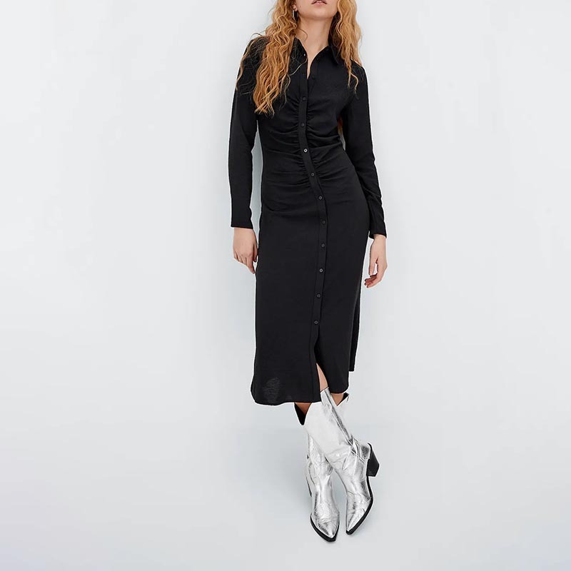 Gathered-Detailed POLO Shirt Midi Dress