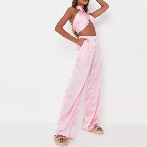 pink satin wide leg trousers