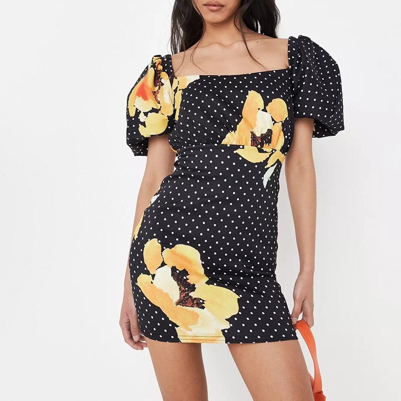 black floral polka dot print puff sleeve mini dress