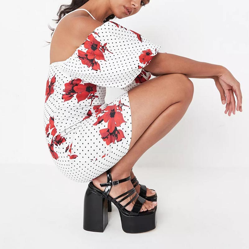 white floral polka dot print cold shoulder puff sleeve mini