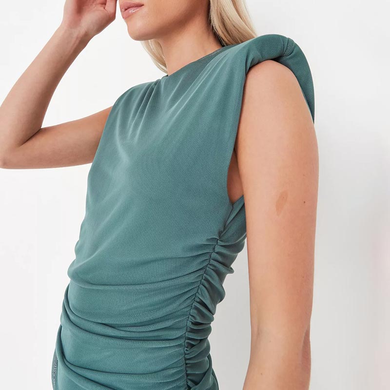 petite dark green shoulder pad ruched mini dress