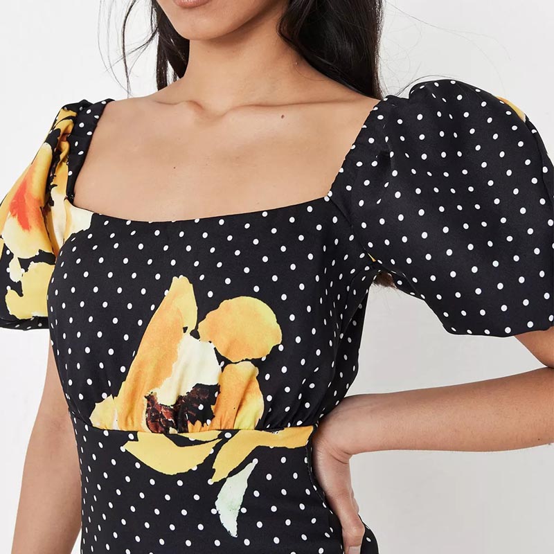 black floral polka dot print puff sleeve mini dress