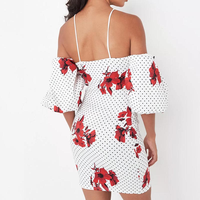 white floral polka dot print cold shoulder puff sleeve mini