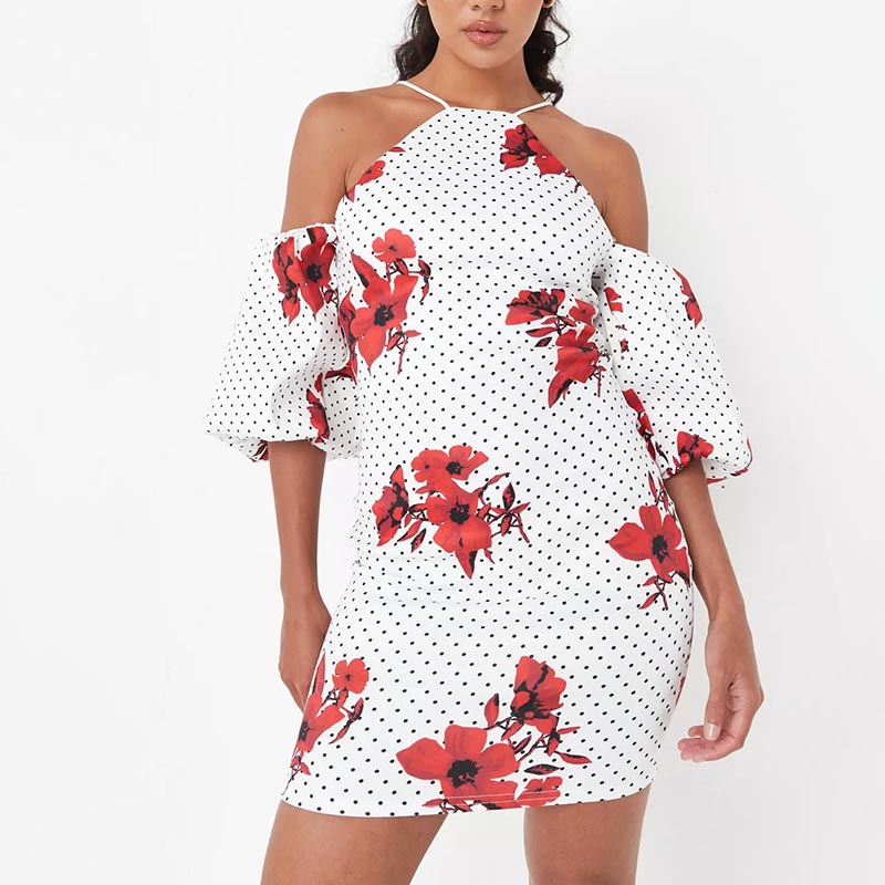 white floral polka dot print cold shoulder puff sleeve mini