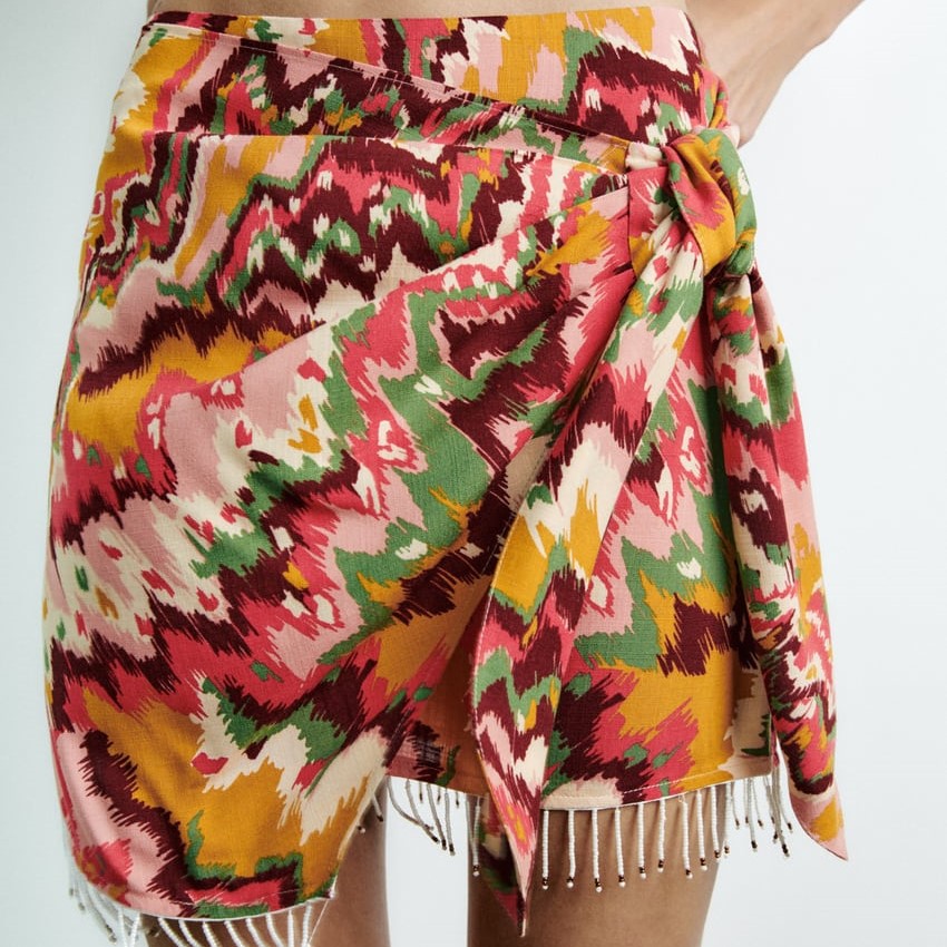Beaded Print Wrap Skirt