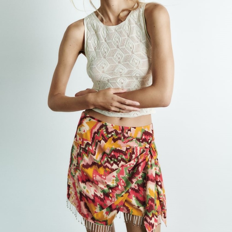 Beaded Print Wrap Skirt