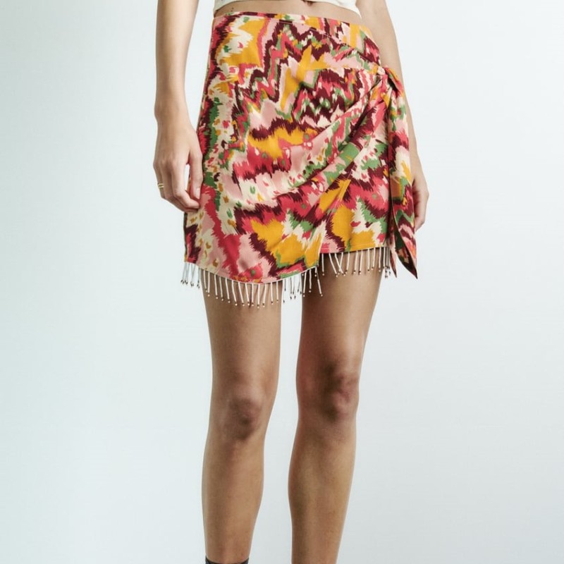 Beaded Print Wrap Skirt