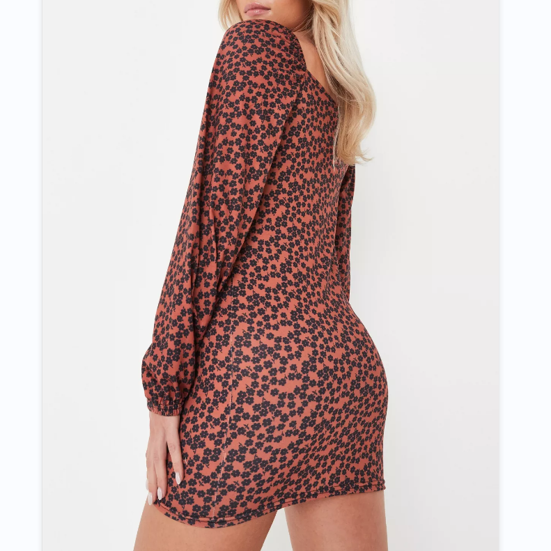 Petite Black Floral Print Balloon Sleeve Jersey Mini Dress