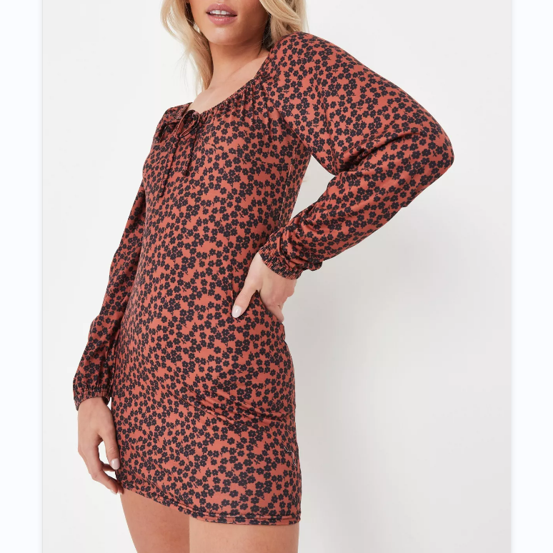 Petite Black Floral Print Balloon Sleeve Jersey Mini Dress