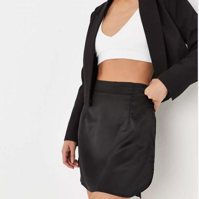Black Satin Curve Side Mini Skirt