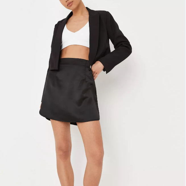 Black Satin Curve Side Mini Skirt