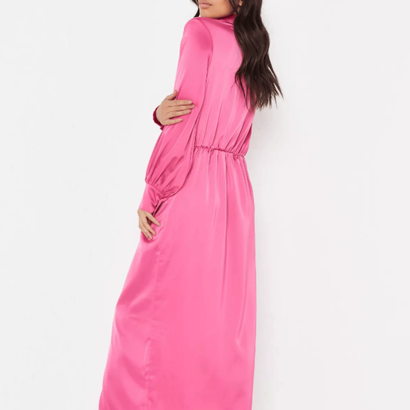 hot pink v front maxi satin shirt dress