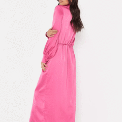 hot pink v front maxi satin shirt dress