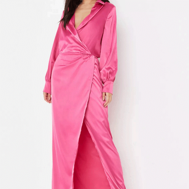 hot pink v front maxi satin shirt dress