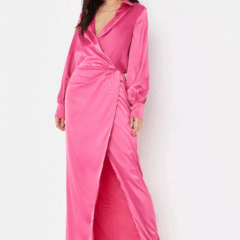 hot pink v front maxi satin shirt dress