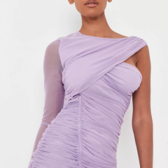 tall lilac asymmetric shoulder mesh ruched mini dress