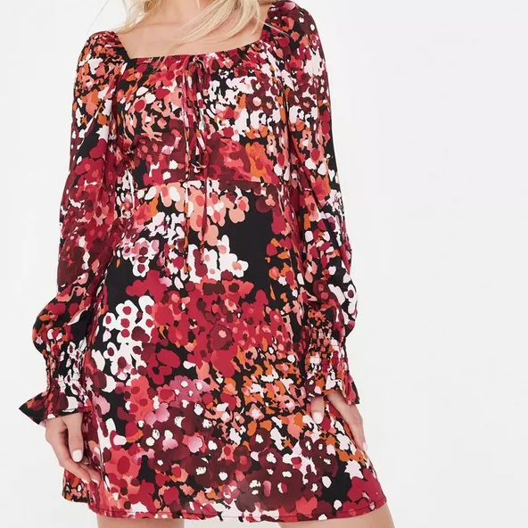 petite pink floral print milkmaid mini dress