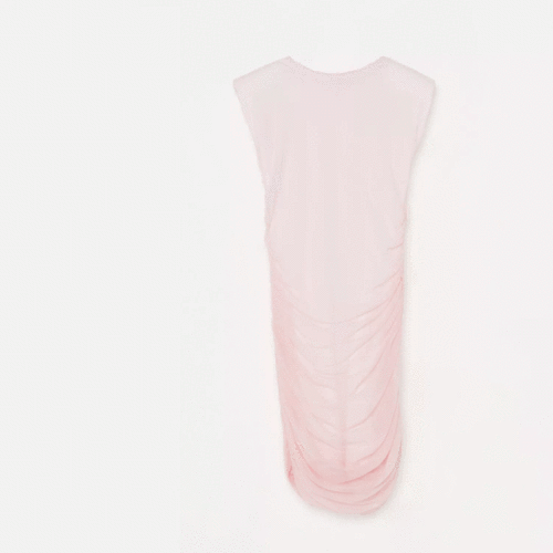 pink shoulder pad ruched mesh mini dress