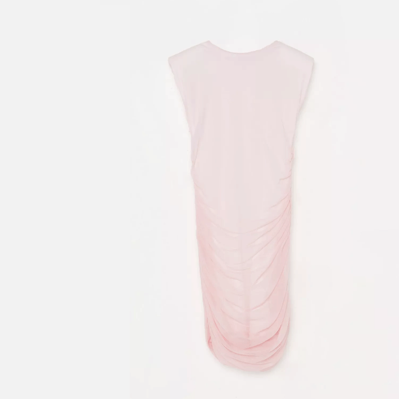 pink shoulder pad ruched mesh mini dress