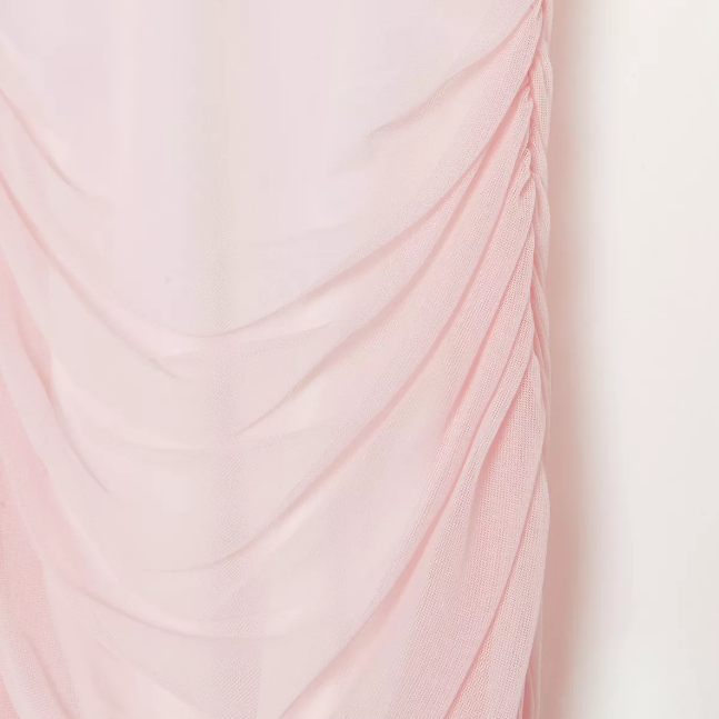 pink shoulder pad ruched mesh mini dress