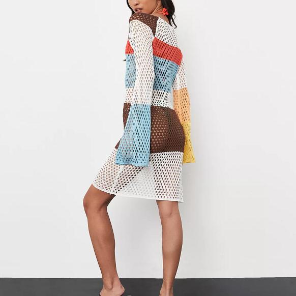 red colourblock crochet knit long mini dress
