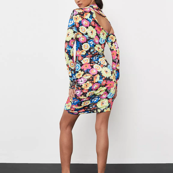 lime floral print slinky asymmetric mini dress
