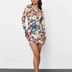 lime floral print slinky asymmetric mini dress