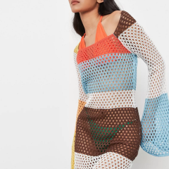 red colourblock crochet knit long mini dress