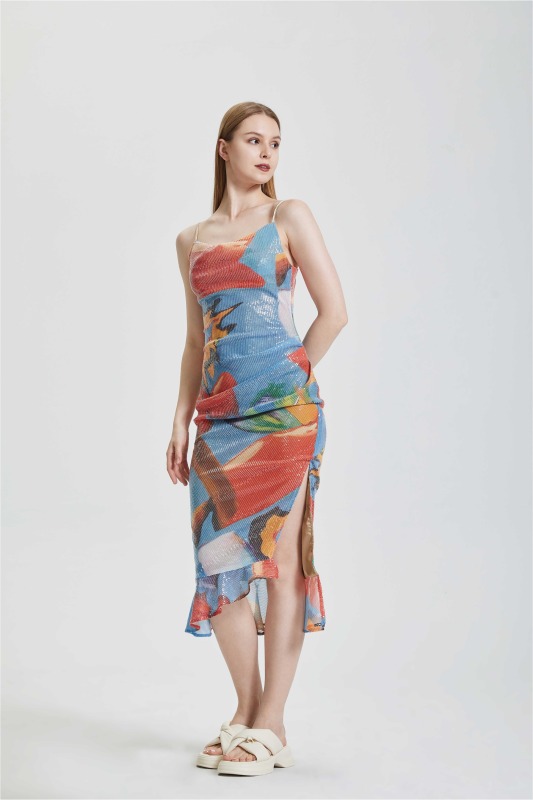 Tea Break Sexy Printed Strap Split Dress